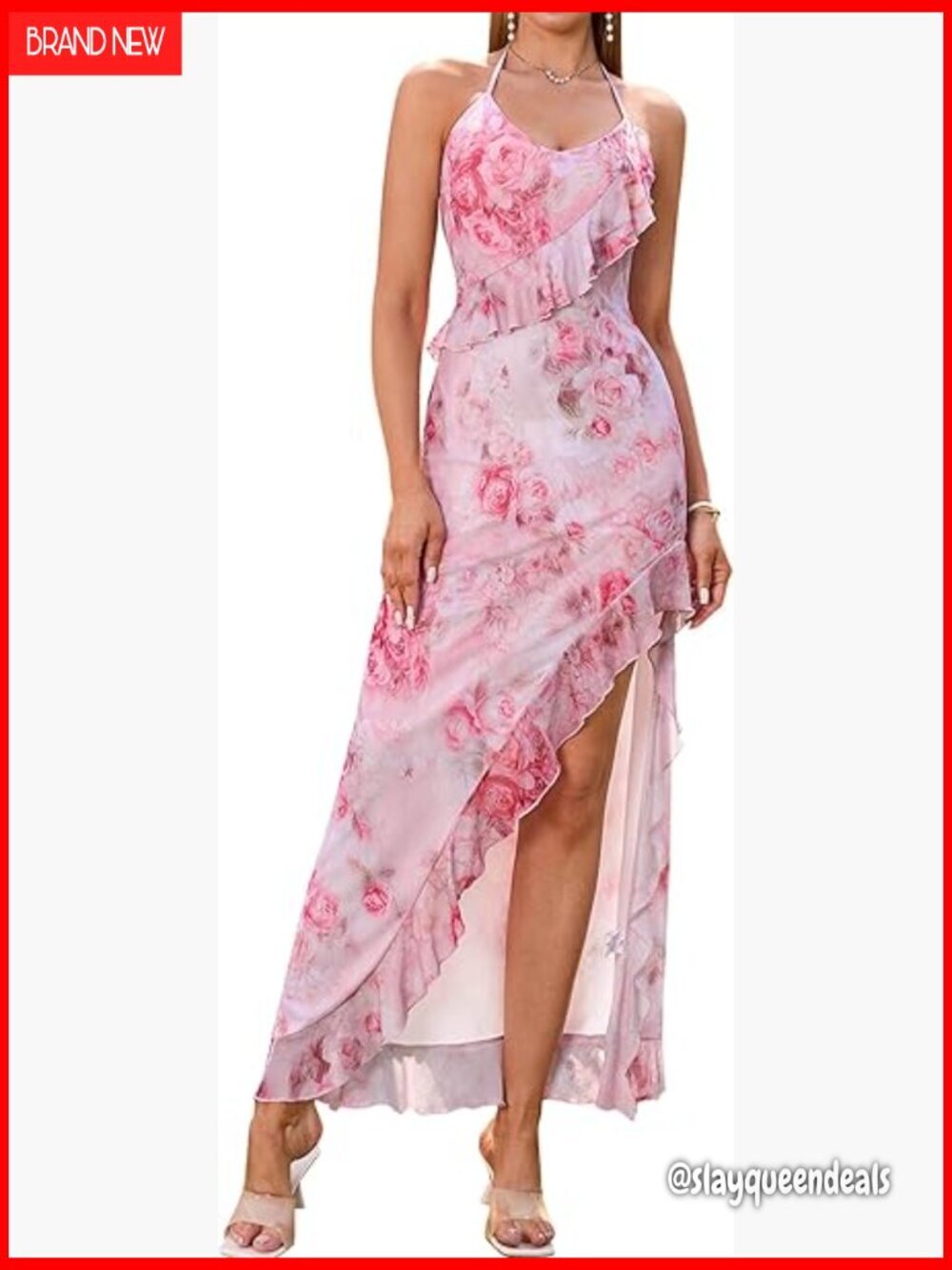 Women's Floral Maxi Dress V-Neck Halter Tie Backless Slit Boho Beach